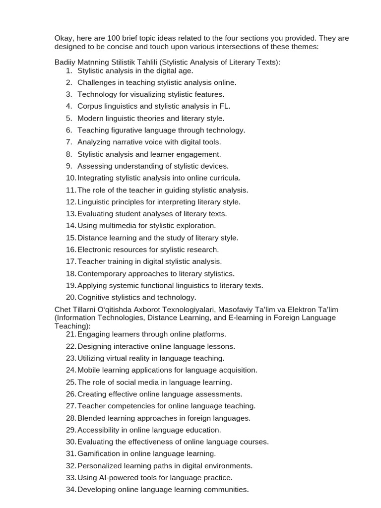 100 Ideas for Language Teaching Topics | PDF | Linguistics | Second ...