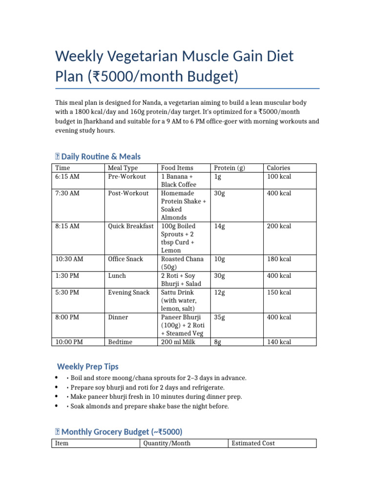 Weekly Vegetarian Muscle Gain Meal Plan | PDF | Meal | Cooking