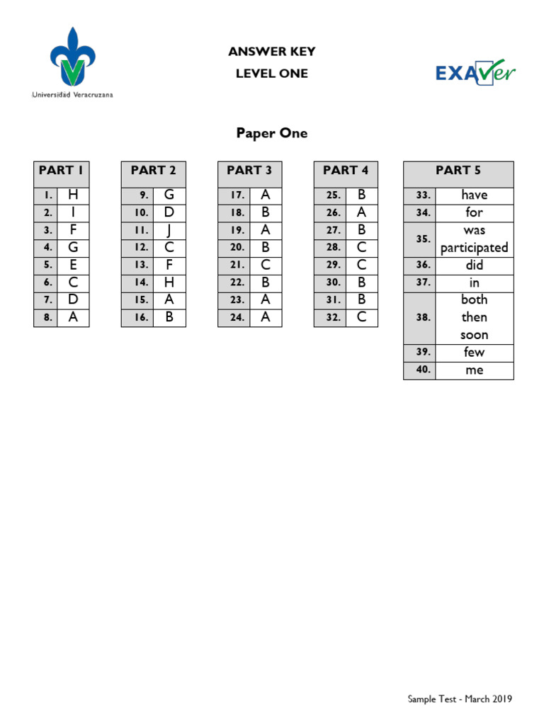 Answer Key EXAVER 1 Reading & Writing | PDF