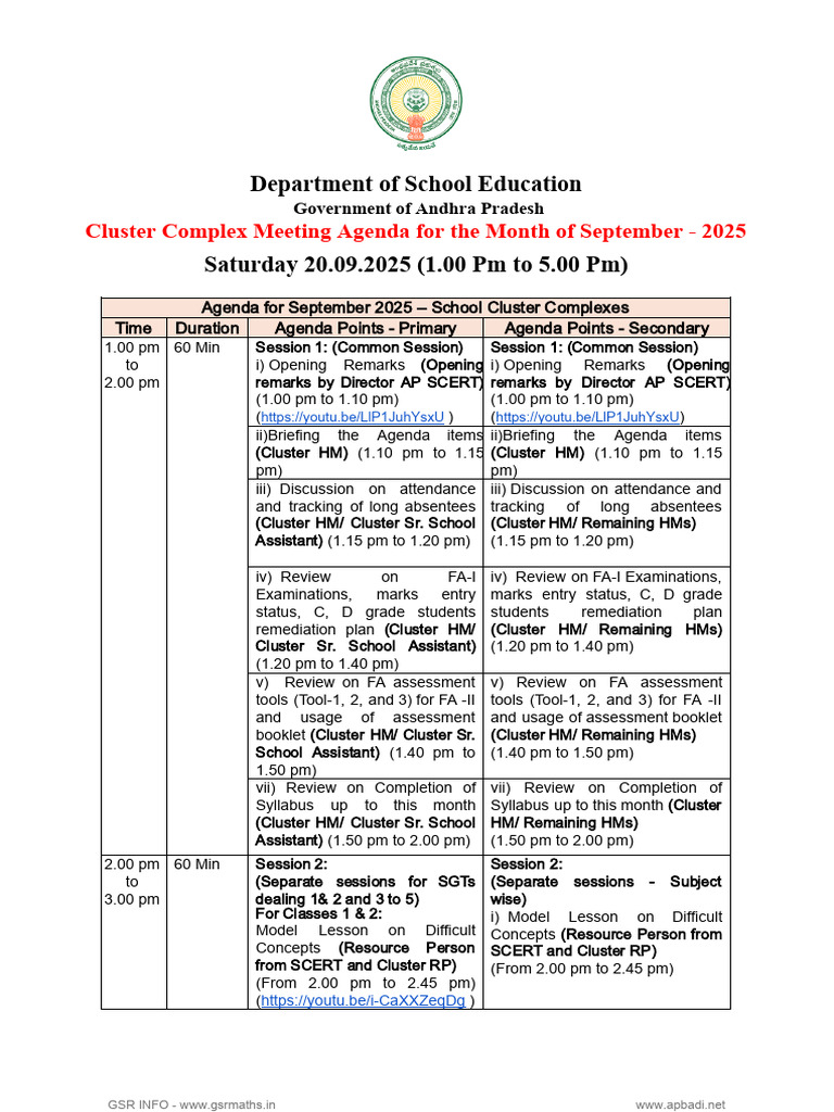 September 2025 Cluster Meeting Agenda | PDF | Learning