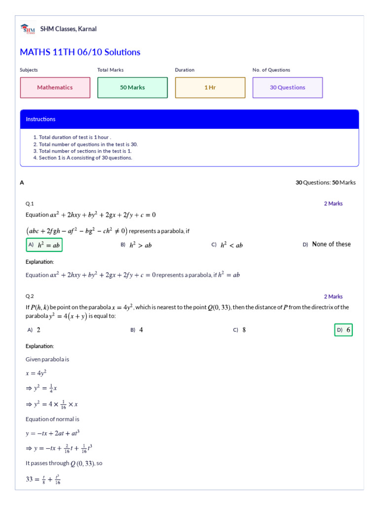MATHS 11TH 06/10 Solu Ons: SHM Classes, Karnal | PDF | Tangent | Circle
