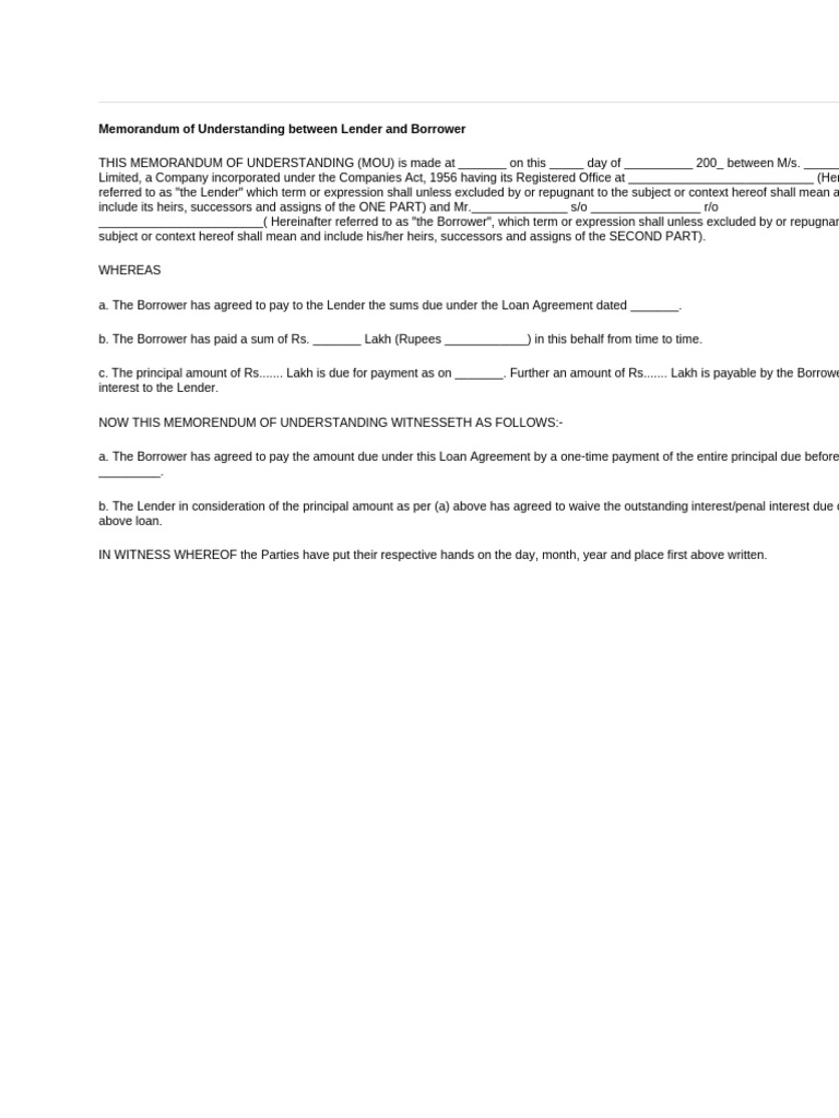 MOU for Loan Agreement Between Lender and Borrower | PDF