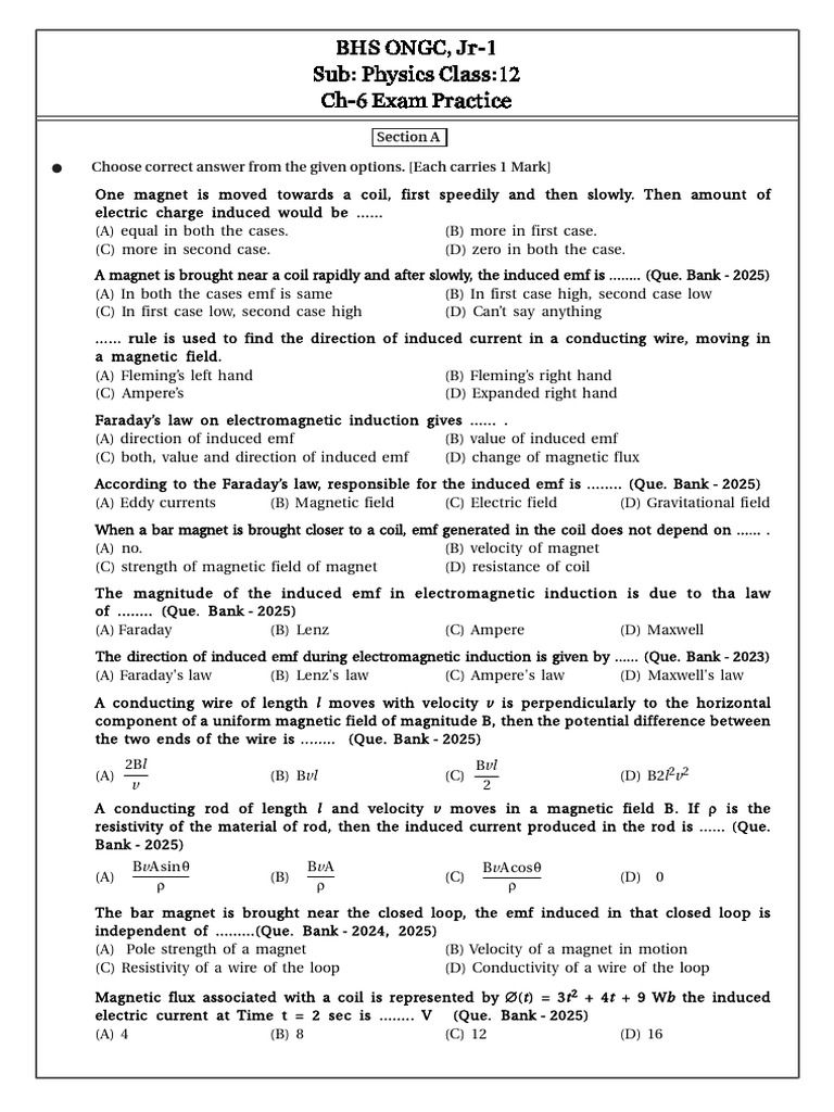 Physics Exam Practice: Electromagnetic Induction | PDF ...