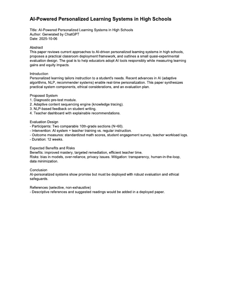 AI Powered Personalised Learning Systems in High Schools | PDF