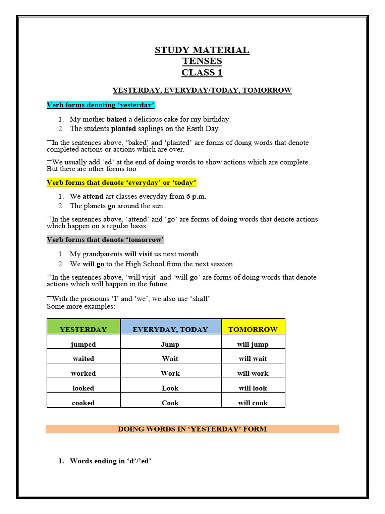 Understanding Tenses for Class 1 | PDF | Verb | Language Mechanics