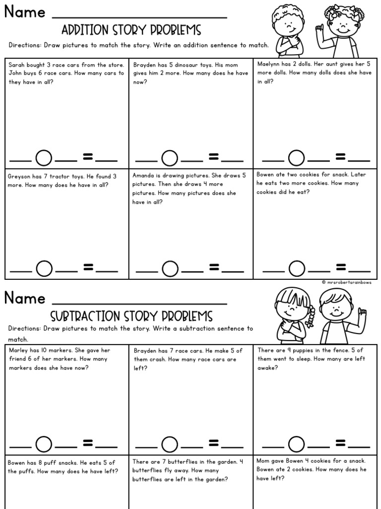 Addition Story Problems: Directions: Draw Pictures To Match The Story ...