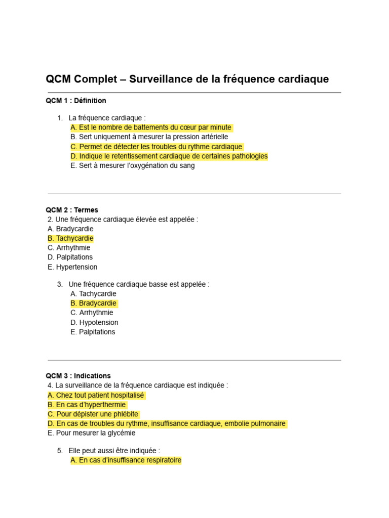 QCM sur la Surveillance Cardiaque | PDF | Fréquence cardiaque | Tension ...