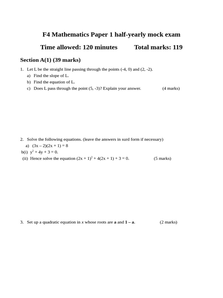 F4 Mathematics Mock Exam Paper 1 | PDF | Area | Mathematical Objects