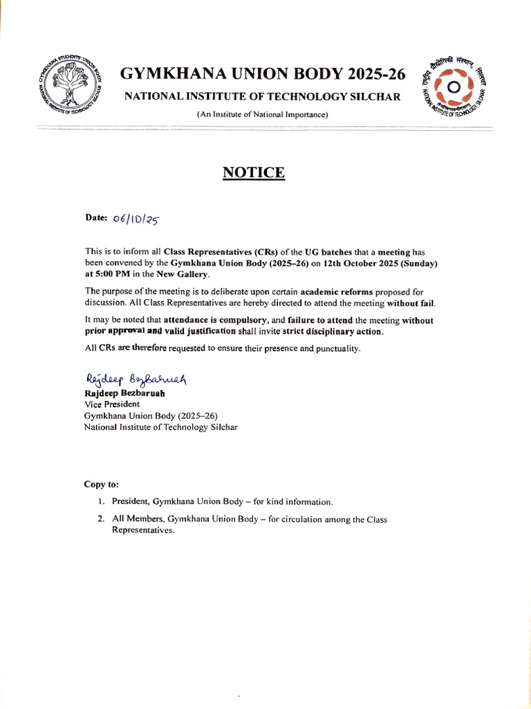 Gymkhana Meeting Notice for CRs | PDF