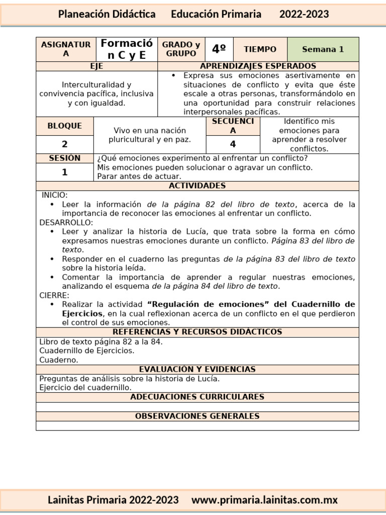 Marzo - 4to Grado Formación C y E (2022-2023) | PDF | Las emociones ...