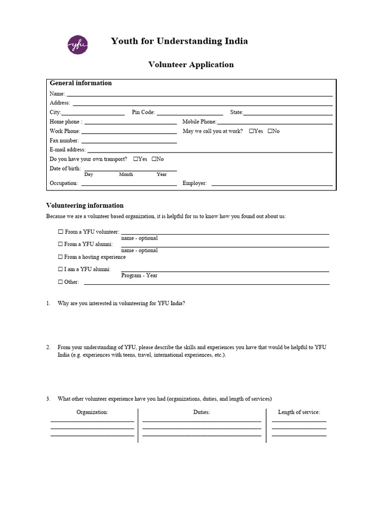 YFU India Volunteer Application Form | PDF