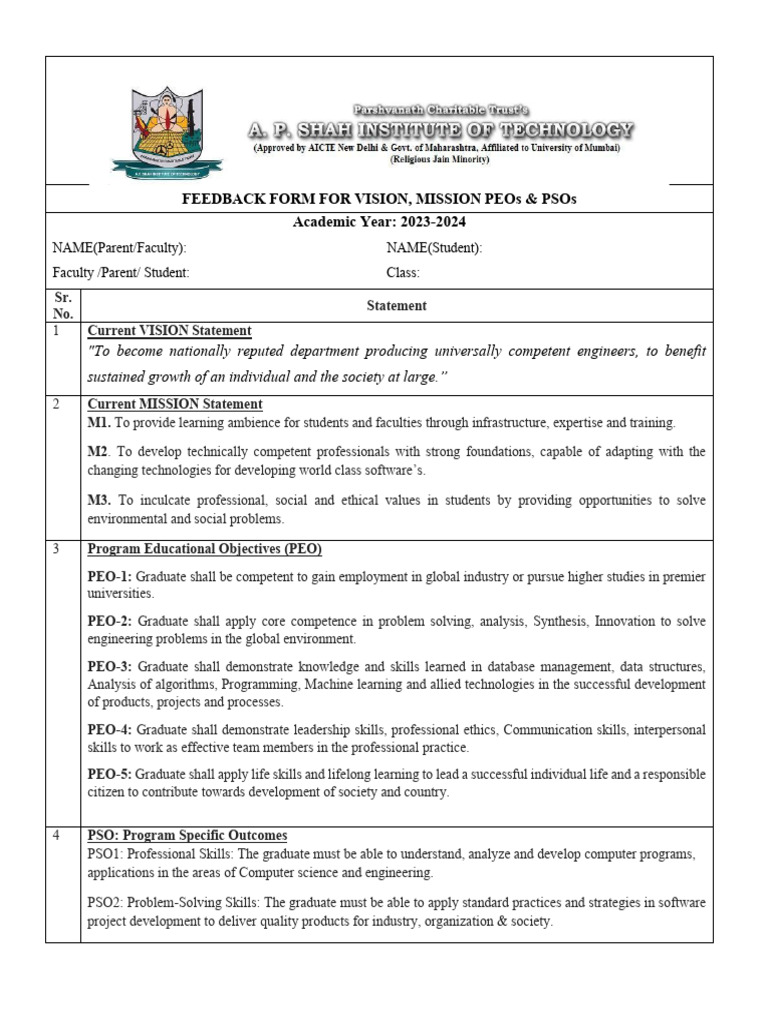 Eedback Vision Mission Peo Pso - Ay 23-24 | PDF | Skill | Engineering