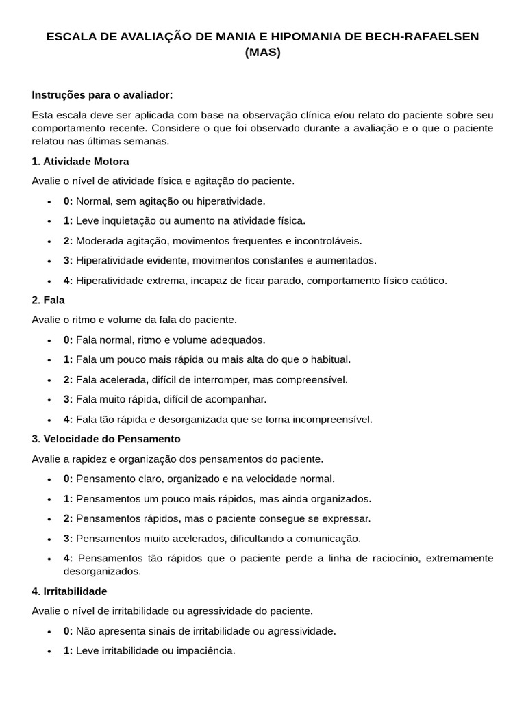 Escala de Mania e Hipomania: Bech-Rafaelsen | PDF | Mania | Transtorno ...