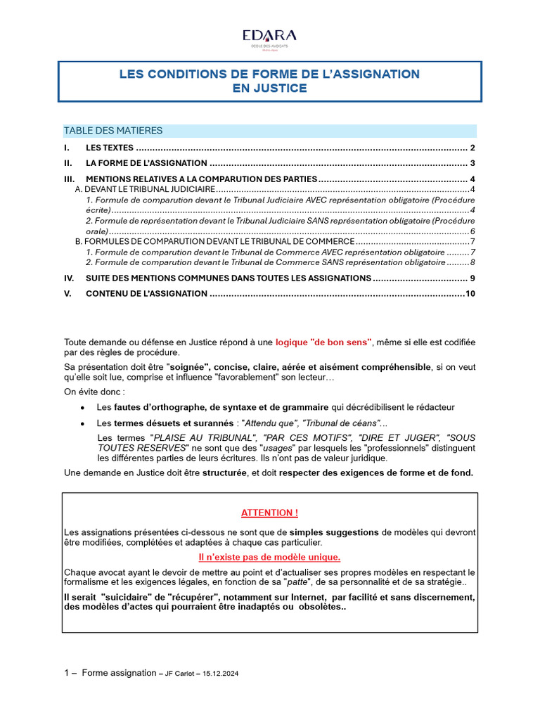 Conditions de forme de l'assignation judiciaire | PDF | Avocat | Loi ...