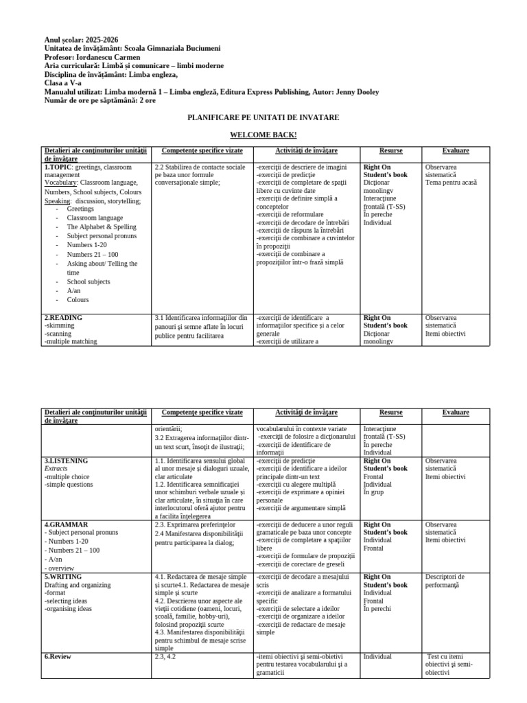 Planificare Unitati Clasa V | PDF