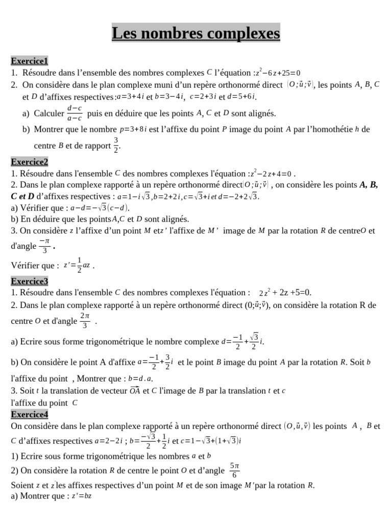 Exercices sur les Nombres Complexes | PDF | Nombre complexe | Algèbre ...