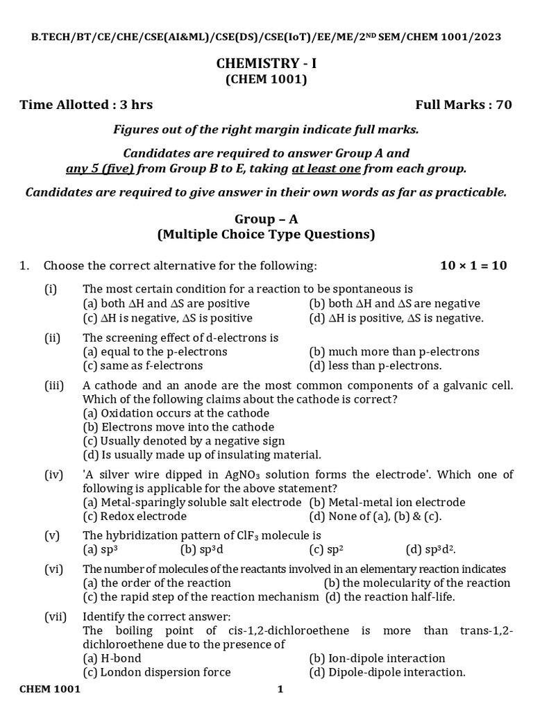 B.Tech Chemistry Exam Guide 2023 | PDF | Chemical Reactions | Chemistry