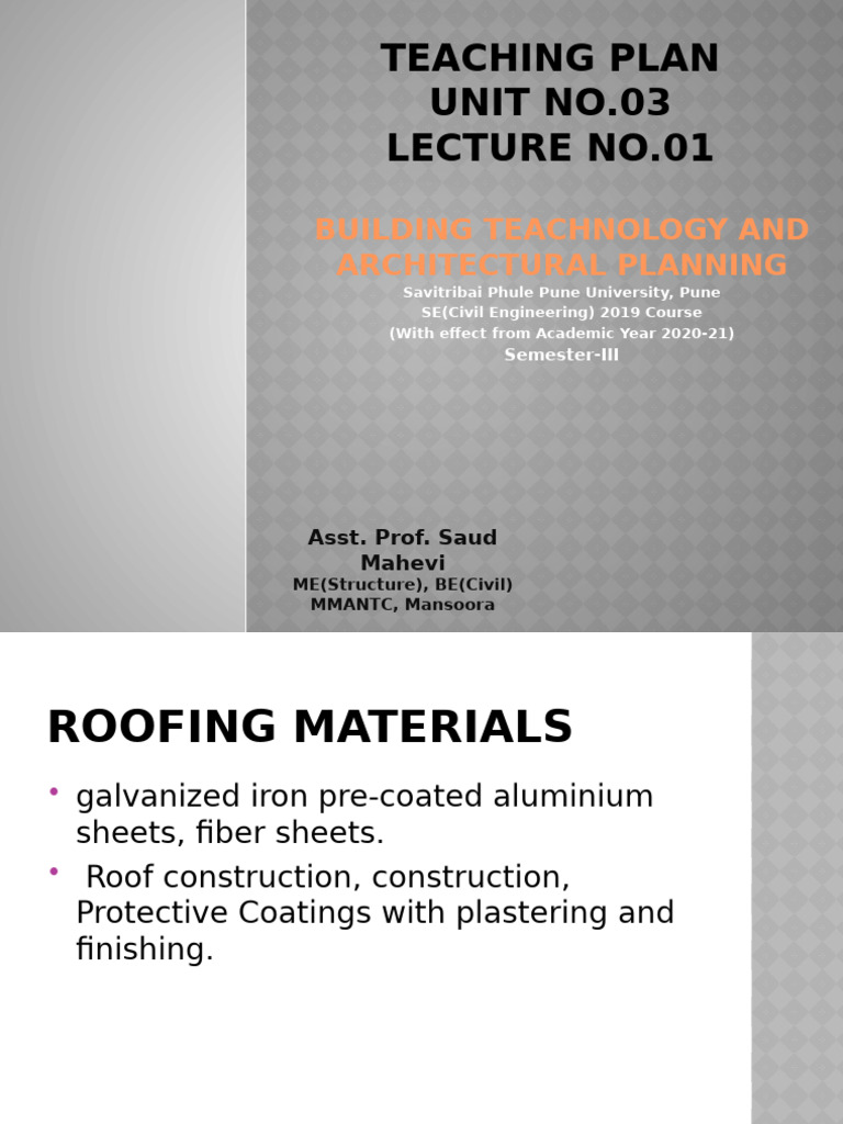 BTAP UNIT 03 Lecture Plan 011 - Roof | PDF