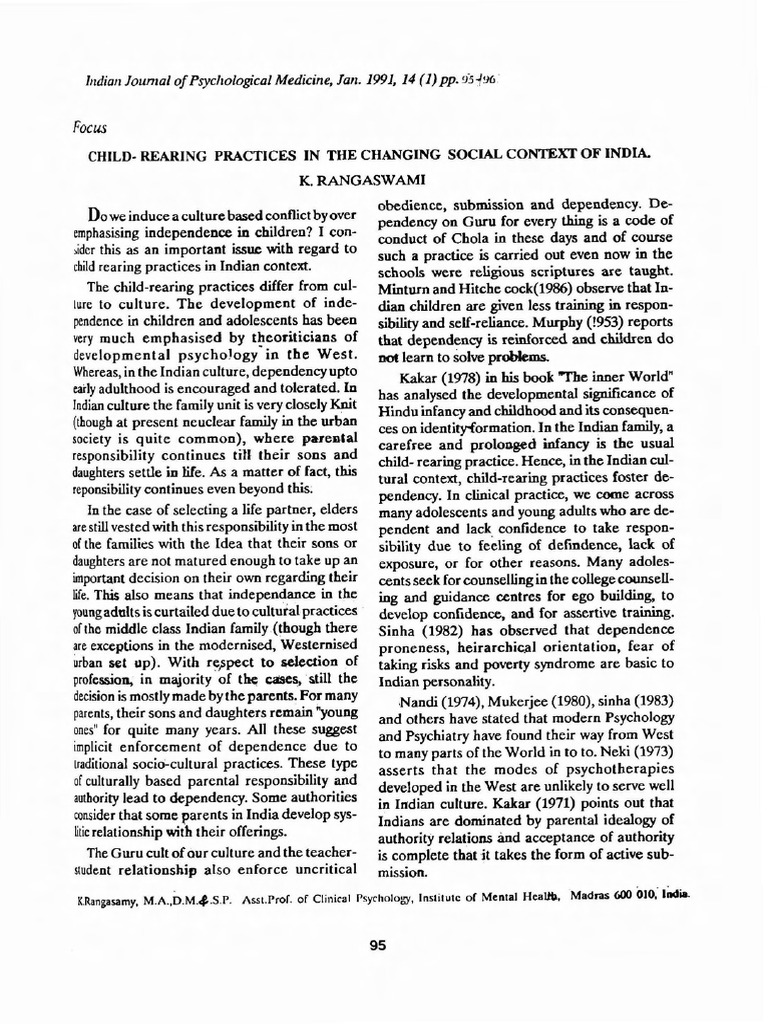 Rangaswami 1991 Child Rearing Practices in The Changing Social Context ...