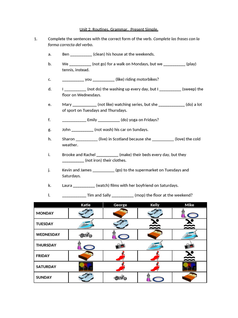 UNIT 2 Routines SLIDE 13 Grammar Present Simple Worksheet | PDF