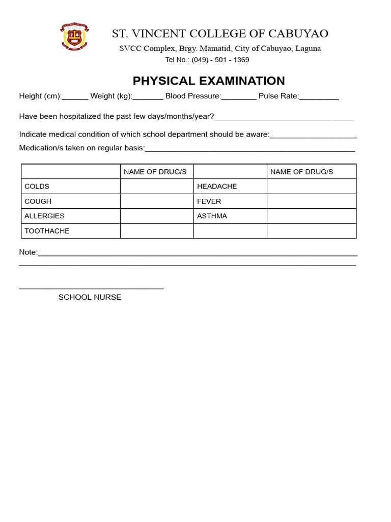 Physical Examination Form Template | PDF