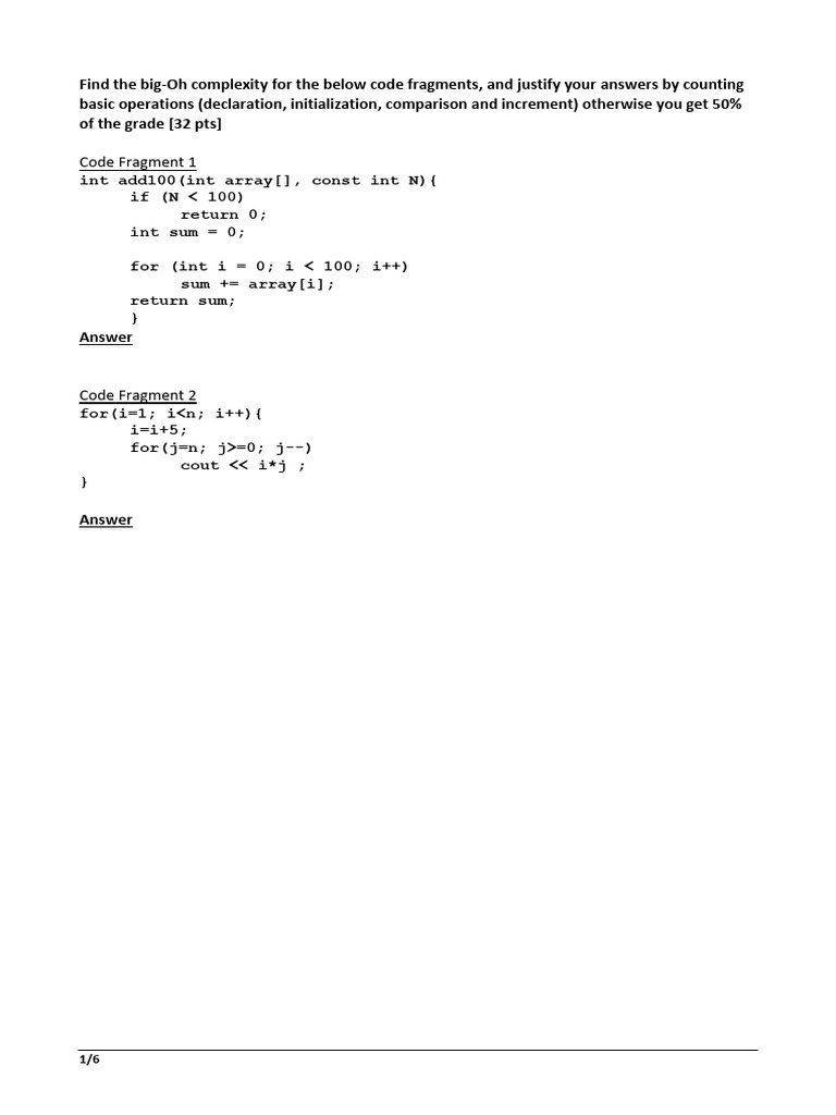 Big-Oh Complexity Analysis of Code Fragments | PDF