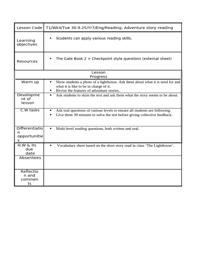 Year 7 Adventure Story Reading Lesson | PDF