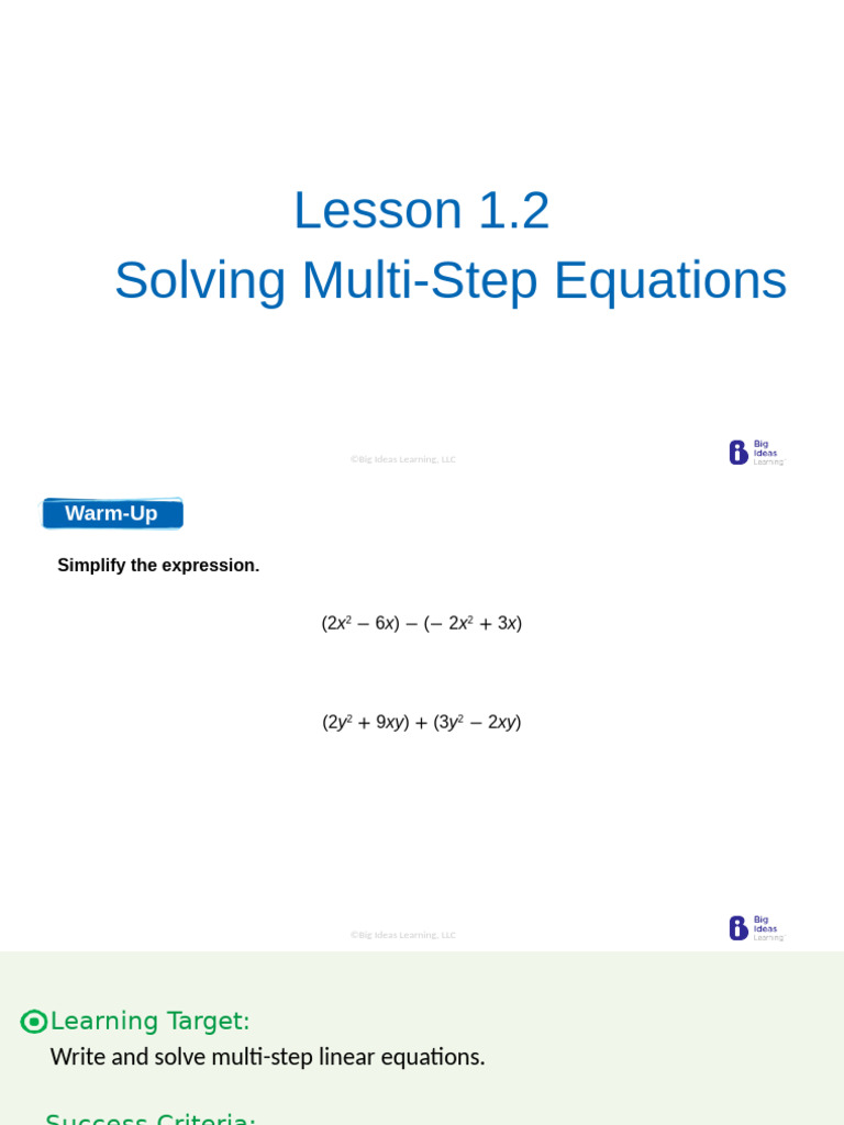 Lesson+1.2+Solving+Multi Step+Equations | PDF | Subtraction | Equations