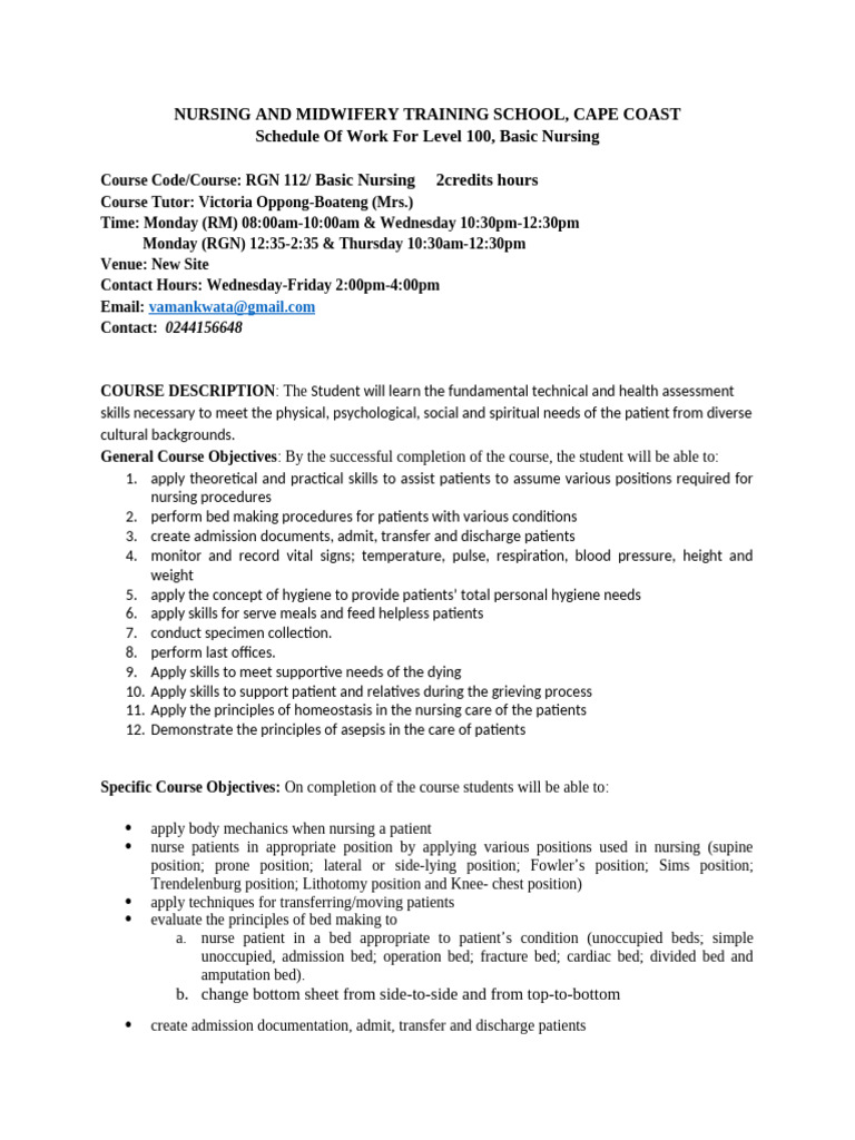 Level 100 Basic Nursing Course Schedule | PDF | Patient | Nursing