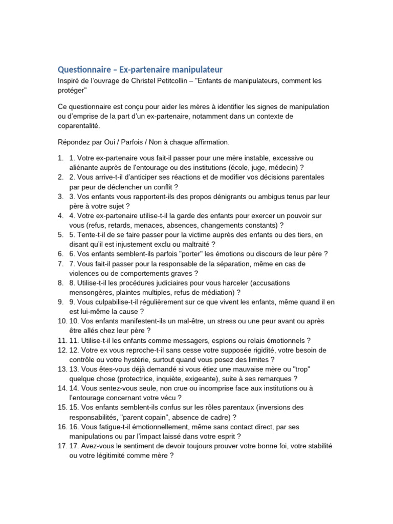 Questionnaire sur les ex-partenaires manipulateurs | PDF