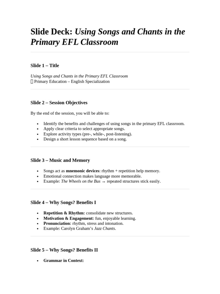 Using Songs and Chants in The Primary EFL Classroom ENG | PDF ...