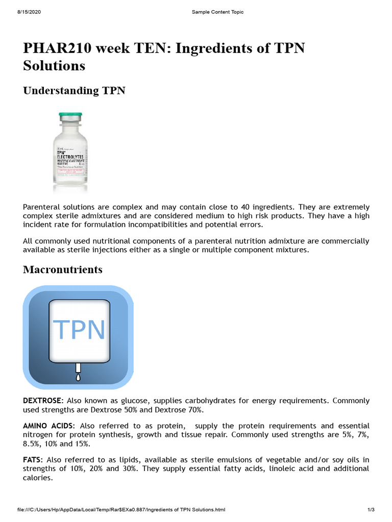 TPN Solution Composition Overview | PDF | Electrolyte | Nutrients