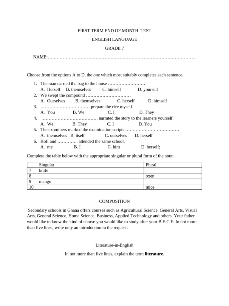 Grade 7 First Term End of Month Test | PDF