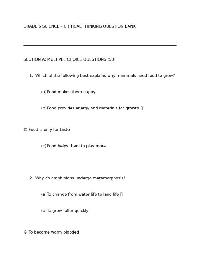 Grade 5 Science Living Things Questions | PDF | Excretion | Cellular ...