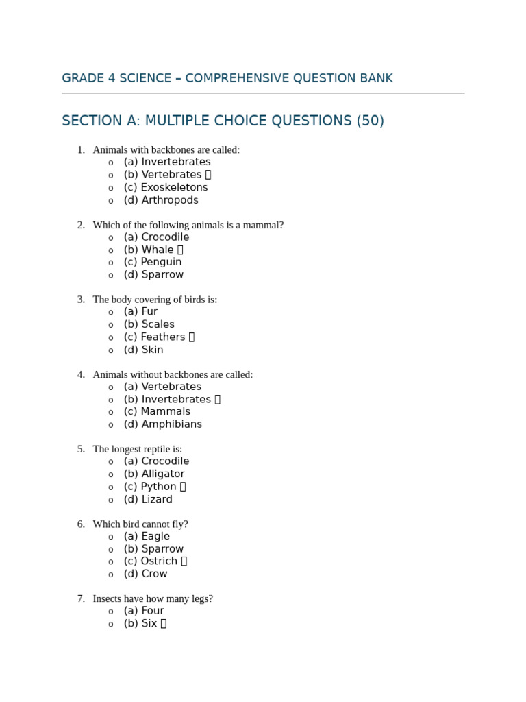 Grade 4 Science Question Bank | PDF | Reptile | Mammals