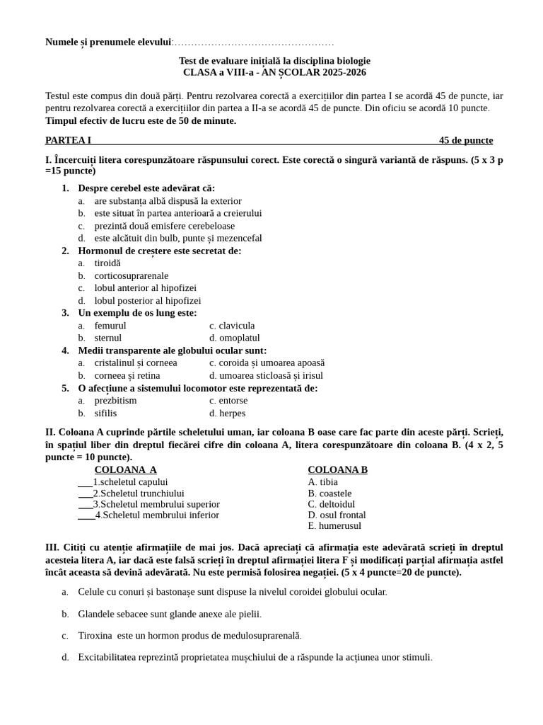 Test de Evaluare Initiala La Disciplina Biologie Clasa A Viiia | PDF