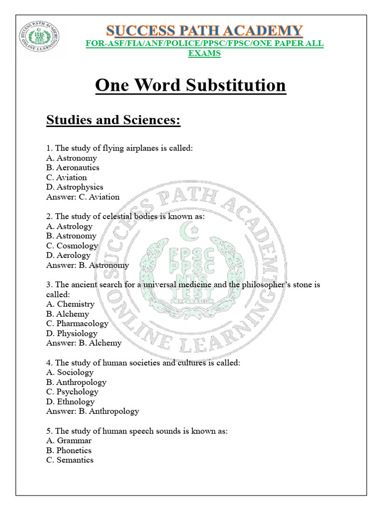 English One Word Complete MCQS | PDF | Zoology | Mental Disorder