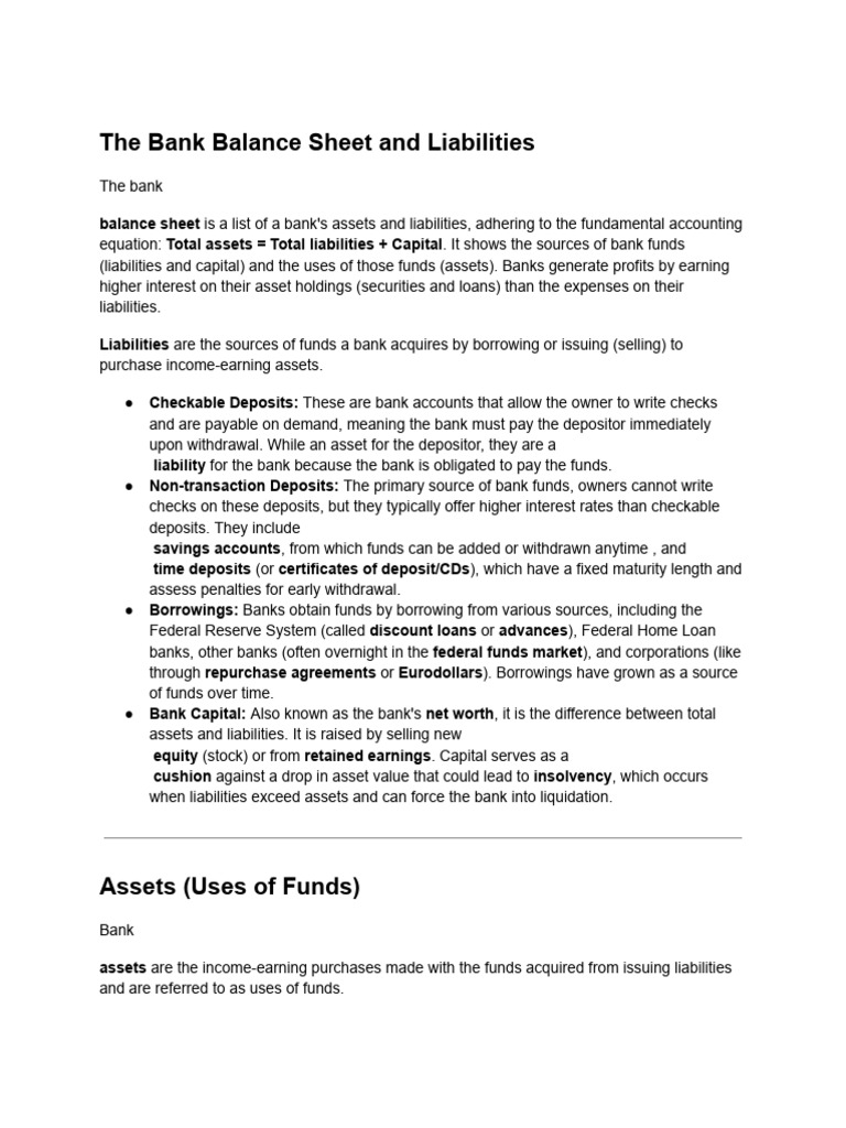 Bank Assets and Liabilities Explained | PDF | Banks | Loans