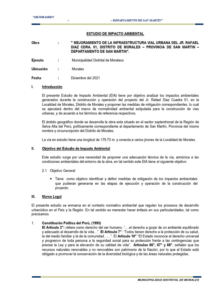 EIA Mejoramiento Vial Jr. Rafael Díaz | PDF | Evaluación de impacto ...