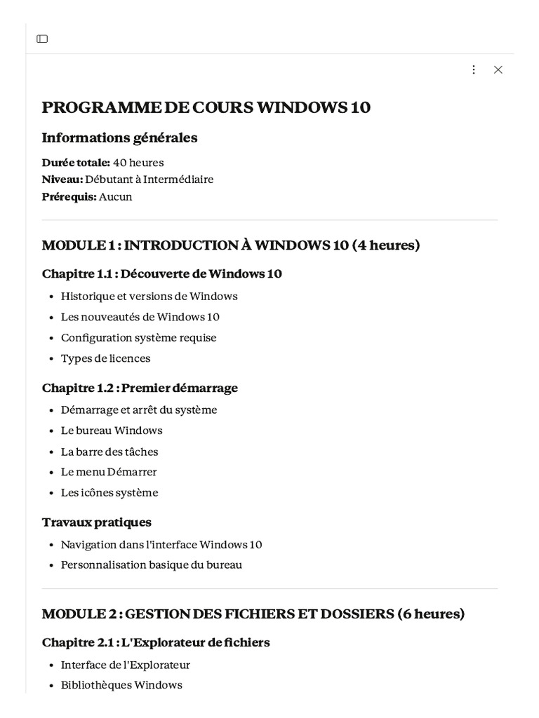 Programme de Cours Windows 10 | PDF | Windows 10 | Microsoft Windows