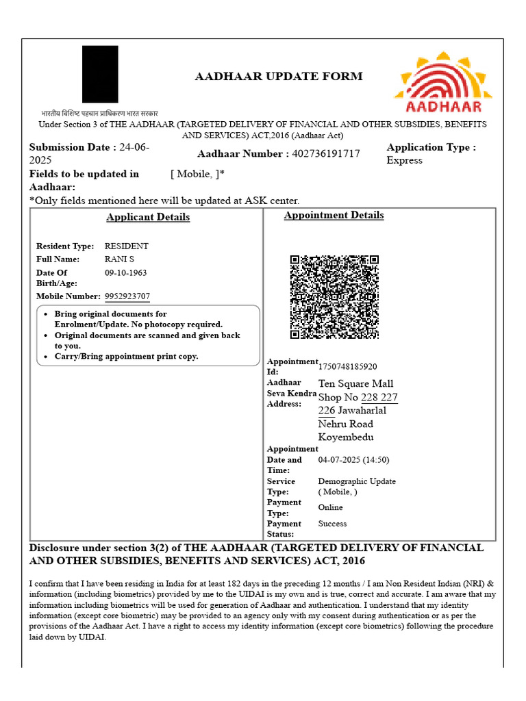 Aadhaar Update Appointment Confirmation | PDF | Crime Prevention ...