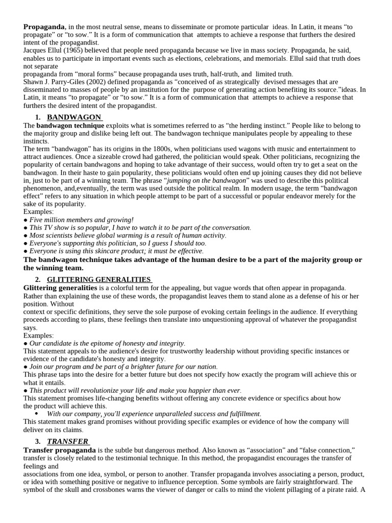 Propaganda Techniques Hand Outs | PDF | Propaganda | Human Communication