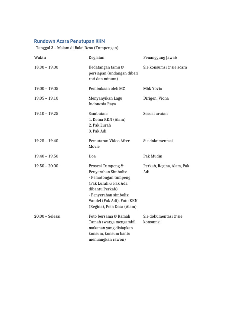 Rundown Penutupan KKN | PDF