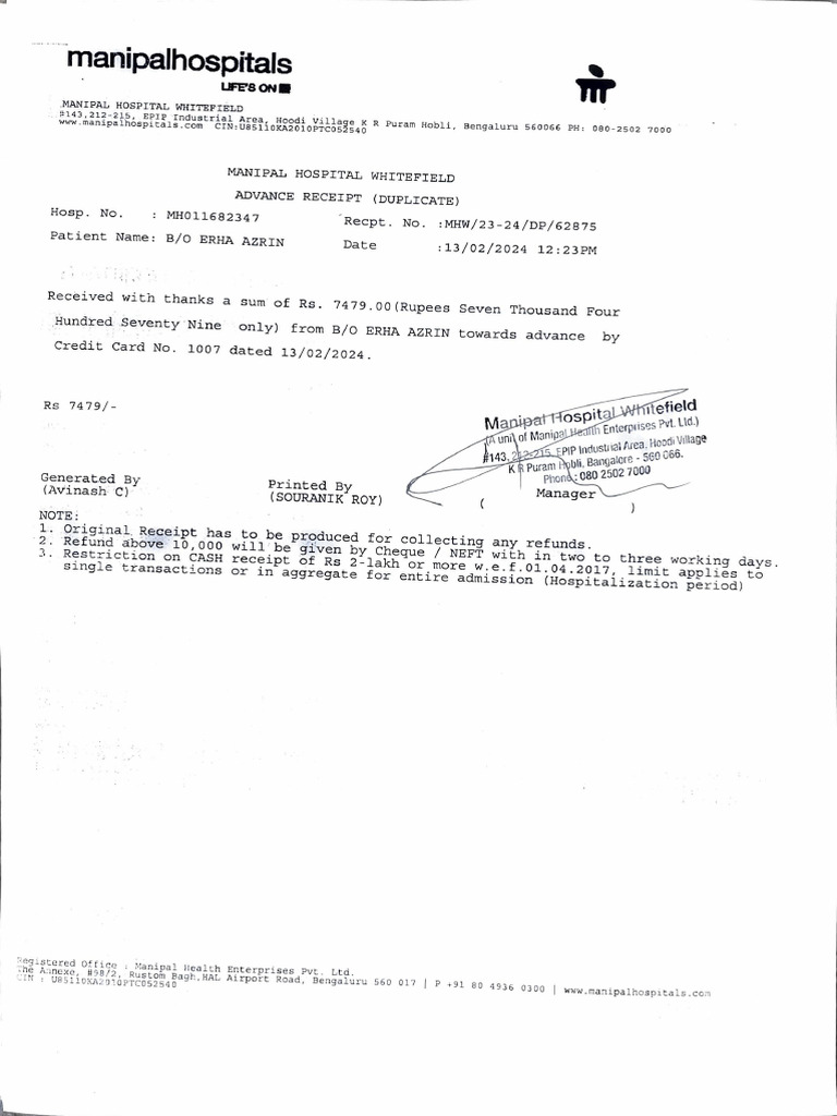 Manipal Hospital Whitefield Advance Receipt | PDF