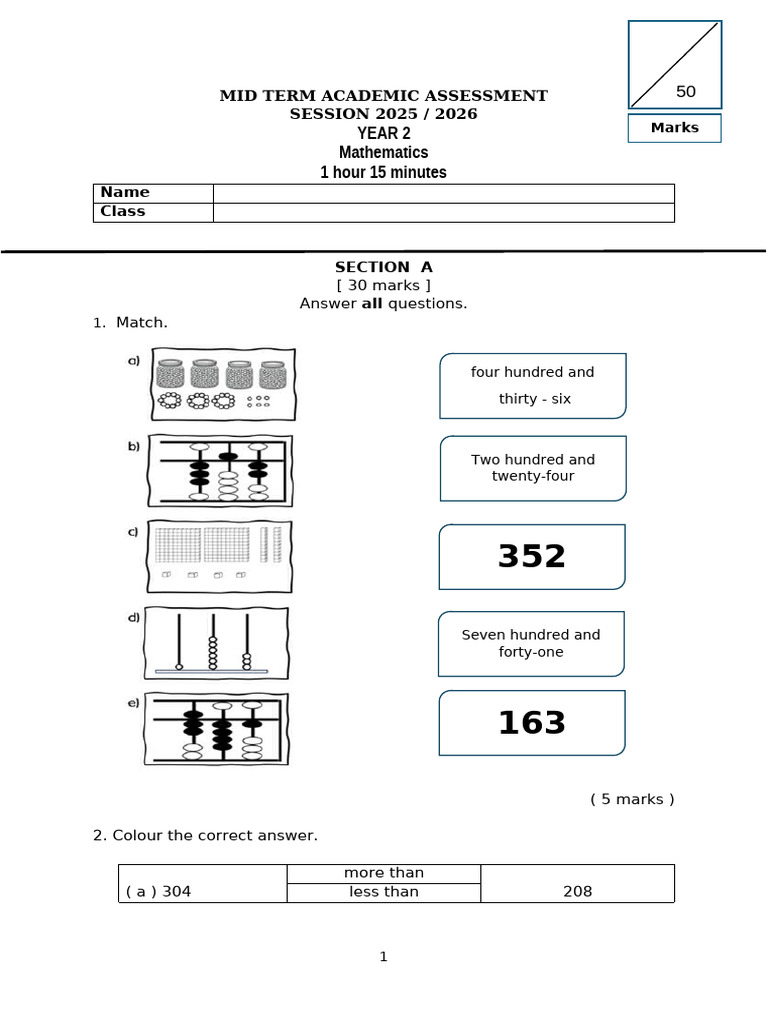 Year 2 Mathematics Midterm Assessment | PDF | Arithmetic | Mathematics