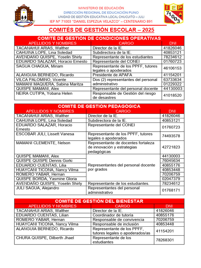 Comités de Gestión Escolar 2025 en Puno | PDF
