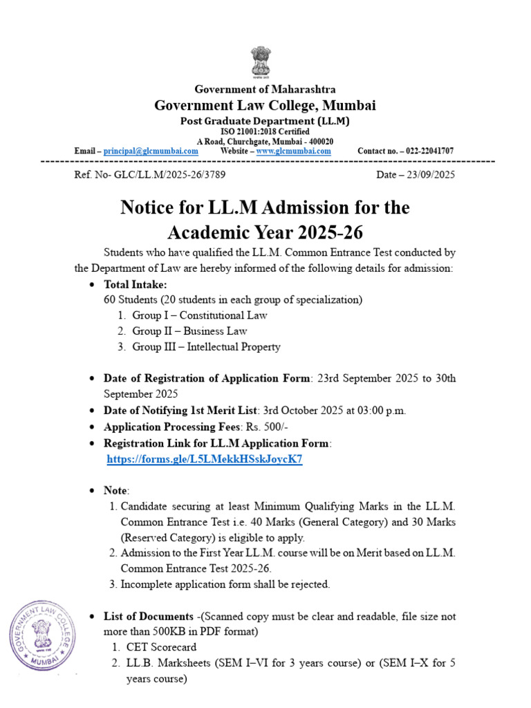 GLC Mumbai LL.M Admission Notice 2025-26 | PDF