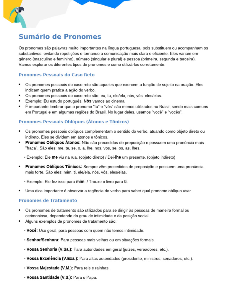 Guia Completo de Pronomes em Português | PDF | Linguística | Famílias ...