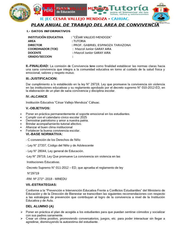 Plan Anual de Convivencia Escolar 2025 | PDF | Sicología | Conceptos ...