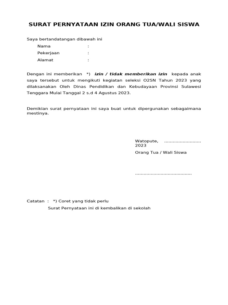 Surat Izin Orang Tua untuk O2SN 2023 | PDF